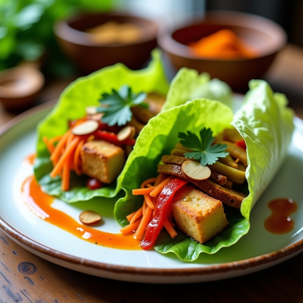 Rollitos de lechuza veganos rellenos de tofu ahumado, champiñones shiitake y verduras, bañados en salsa de tamarindo y decorados con almendras fileteadas y cilantro fresco sobre un plato blanco rústico.