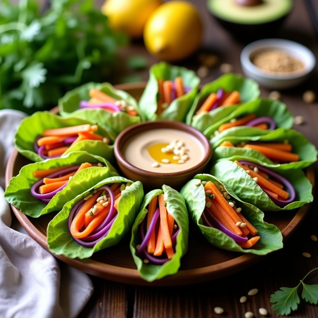Bandeja de madera con rollitos de lechuga romana rellenos de zanahoria y apio, bañados en salsa de tahini cremosa. Semillas de sésamo tostadas y hojas de menta fresca como decoración. Plato colorido y saludable, ideal como entrante vegano y crujiente.