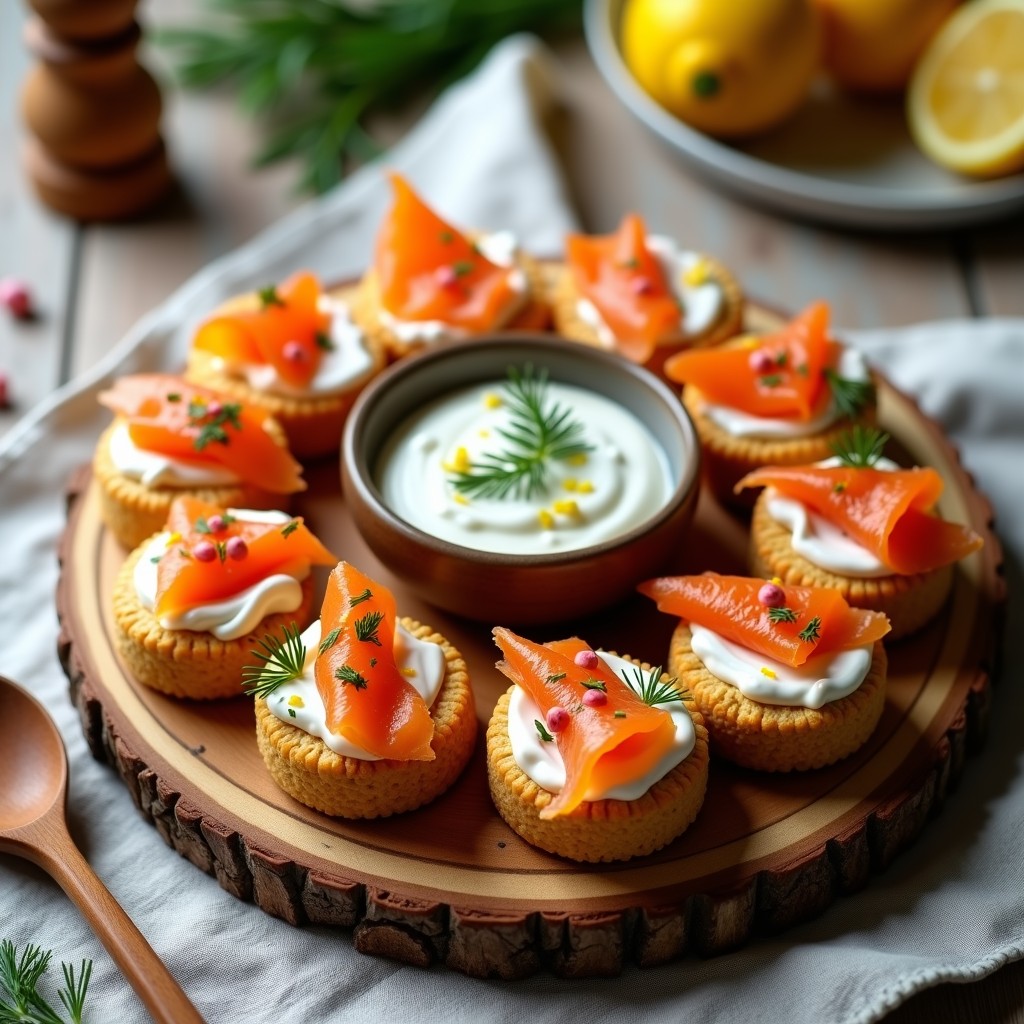Rollitos de lino dorados rellenos de salmón ahumado, crema de queso fresco y eneldo, servidos en bandeja de madera con limón y pimienta rosa, aperitivo escandinavo alto en omega-3.