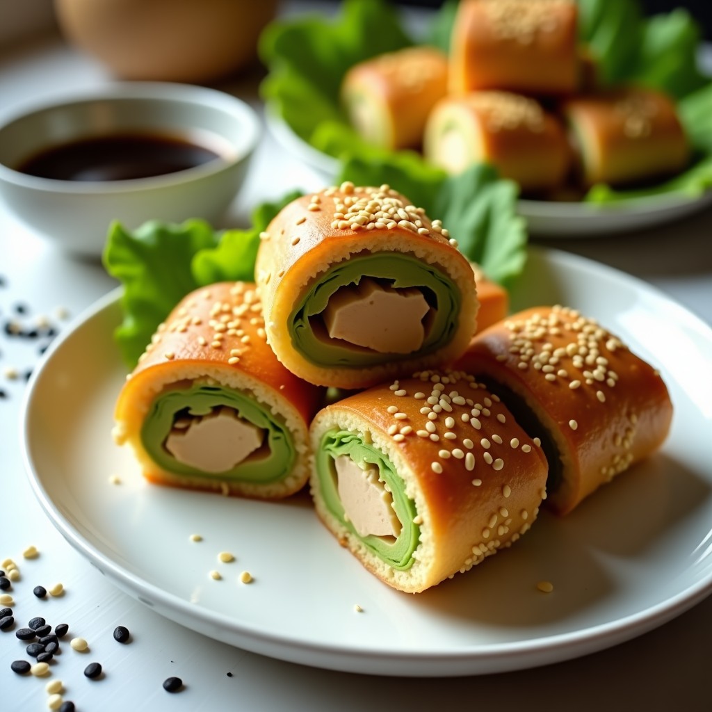 Rollitos dorados de lino y sésamo cortados por la mitad, mostrando el relleno cremoso de aguacate y trozos de atún fresco, servidos sobre un plato blanco con hojas de lechuga. Receta sin gluten y alta en proteína.