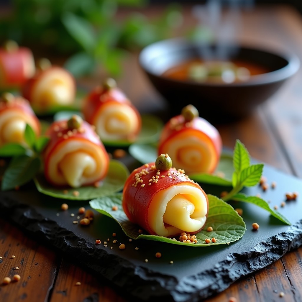 Rollitos de litchi fresco con corazón de queso de cabra envuelto en jamón serrano, servidos sobre hoja de menta con salsa de miel de trufa negra y pistachos picados. Entrante fusion chino-francés elegante y sofisticado.