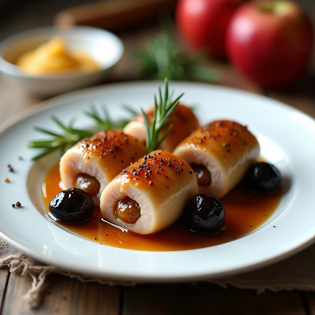 Rollitos de lomo de cerdo dorados rellenos de ciruela pasa, bañados en un glaseado brillante de miel y vinagre balsámico, servidos en un plato blanco con hierbas frescas y un fondo rústico de madera.