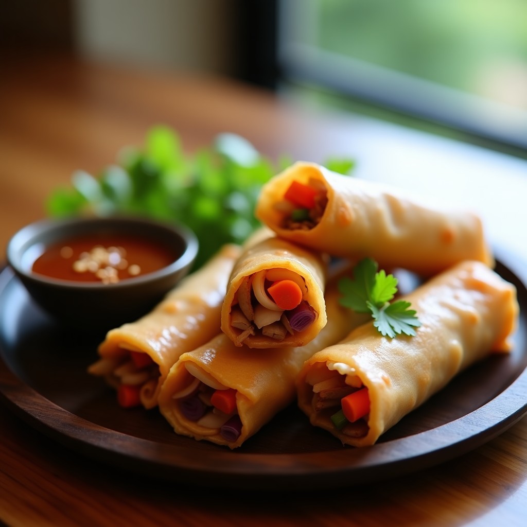 Rollitos de loto dorados y crujientes rellenos de cerdo desmenuzado, servidos en un plato de madera con salsa hoisin espesa y hojas de cilantro fresco, receta vietnamita en airfryer.