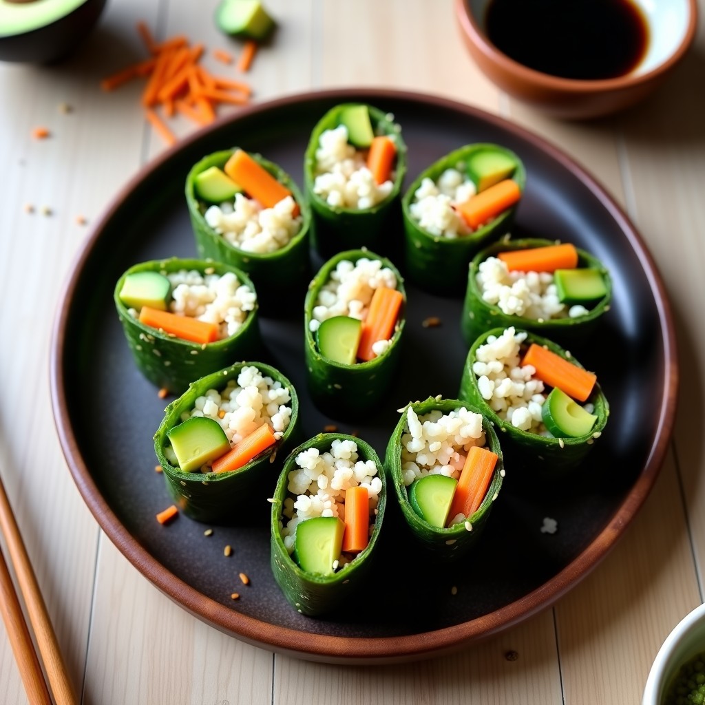Rollitos de alga nori rellenos de arroz de coliflor blanco, aguacate cremoso, pepino verde y zanahoria naranja, cortados en porciones y servidos en un plato de madera con salsa de soja y semillas de sésamo tostadas. Receta crudivegana con toque japonés.