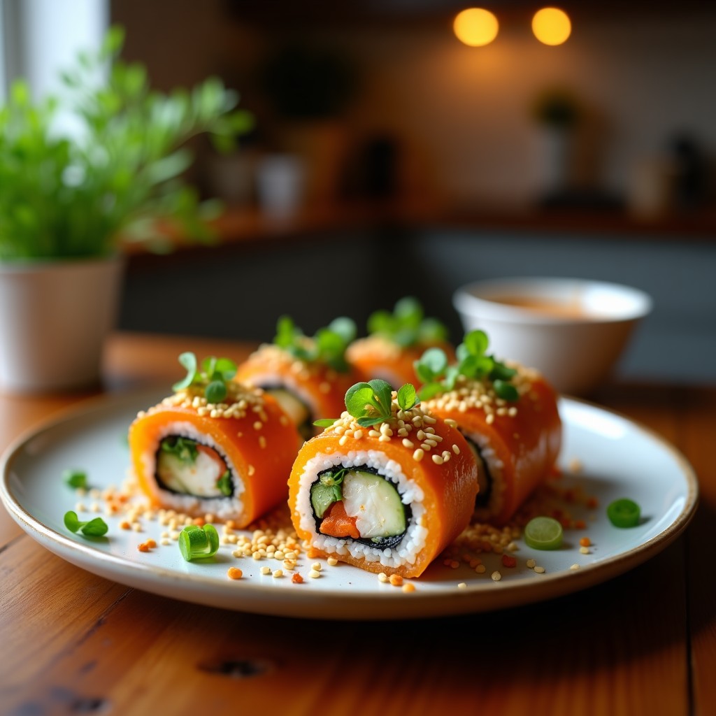 Rollitos de nori dorados y crujientes rellenos de pollo teriyaki, zanahoria, pepino y sésamo tostado, servidos en un plato blanco con salsa teriyaki al lado. Receta japonesa en airfryer con toque crujiente.