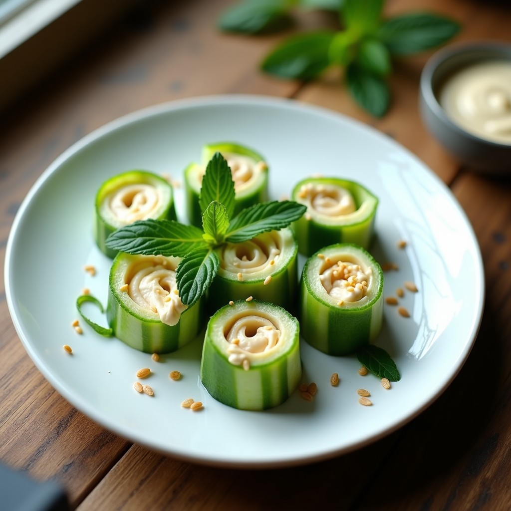 Rollitos de Alzheimer de pepino fresco rellenos de crema de anacardos, decorados con semillas de sésamo y hojas de menta, servidos en un plato blanco sobre fondo de madera.