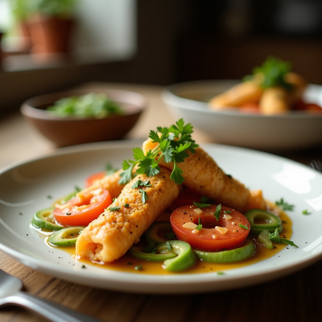 Rollitos de primavera vietnamitas cortados por la mitad, rellenos de aguacate cremoso, langostinos tiernos, zanahoria rallada y hierbas frescas, servidos en un plato blanco con salsa de limón y miel al lado. Plato saludable y colorido preparado en airfryer.