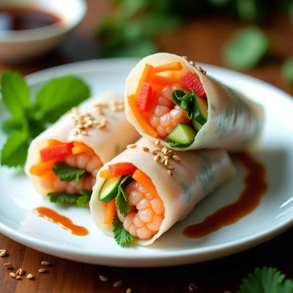 Rollitos de primavera vietnamitas en papel de arroz transparente, rellenos de camarones rosados, gajos de pomelo rosa, zanahoria naranja y hierbas verdes, servidos con salsa oscura y semillas de sésamo blancas, sobre una tabla de madera.