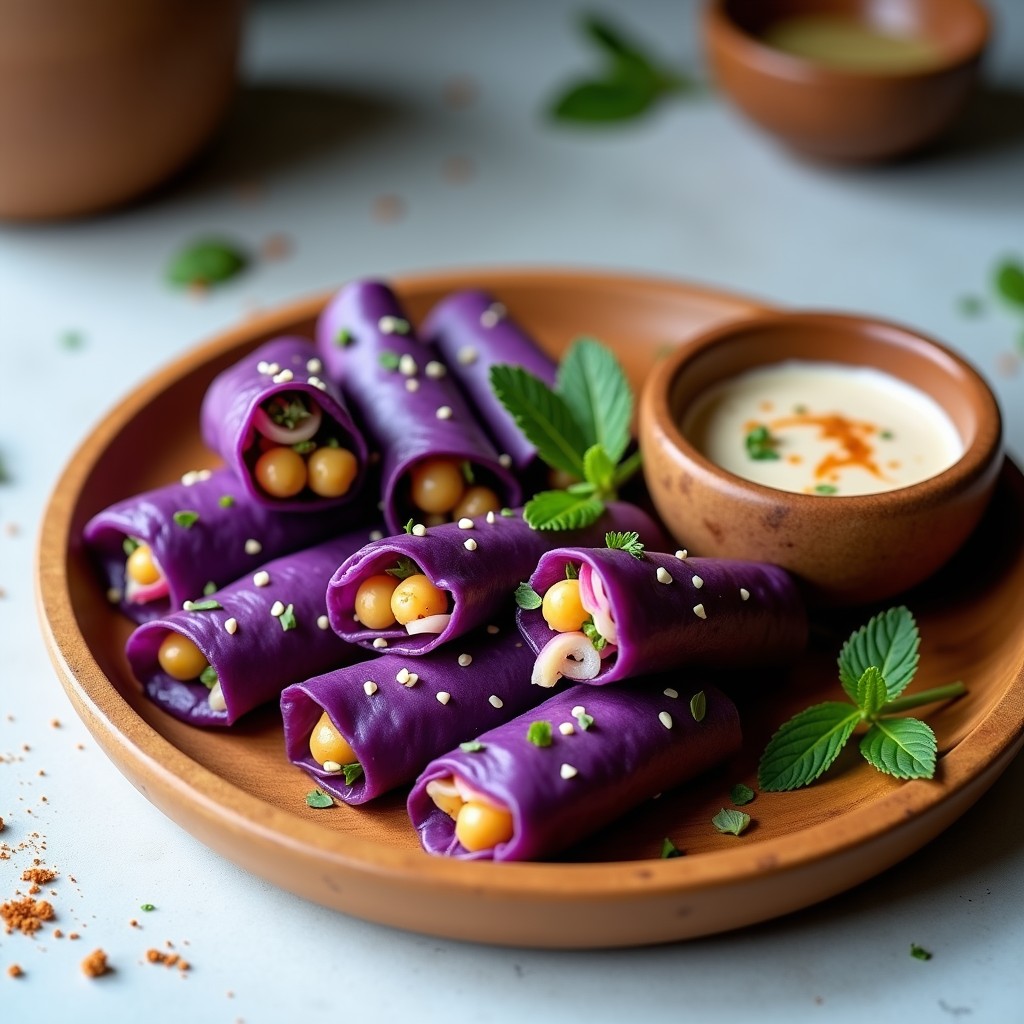 Rollitos de primaveras de col morada rellenos de garbanzos germinados, cebolla morada y hierbas frescas, servidos en una bandeja de madera con salsa de tahini cremosa y decorados con zaatar y menta.