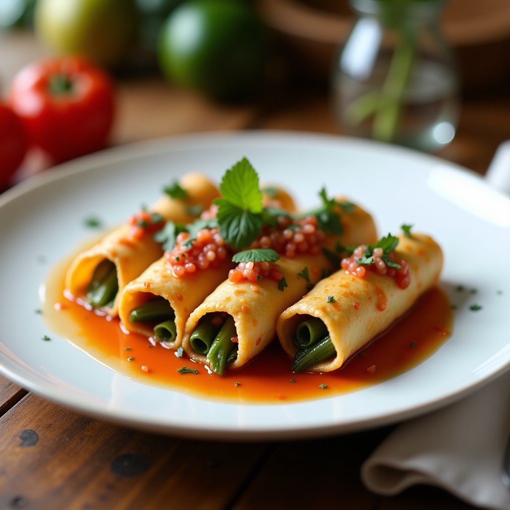 Rollitos de primavera crudiveganos con hojas de col morada rellenos de znahras, zanahoria, pepino y aguacate, cortados en diagonal para mostrar el colorido interior. Acompañados de salsa de cacahuete cremosa en un bol pequeño, decorados con semillas de sésamo y cilantro fresco sobre un plato de cerámica blanca.
