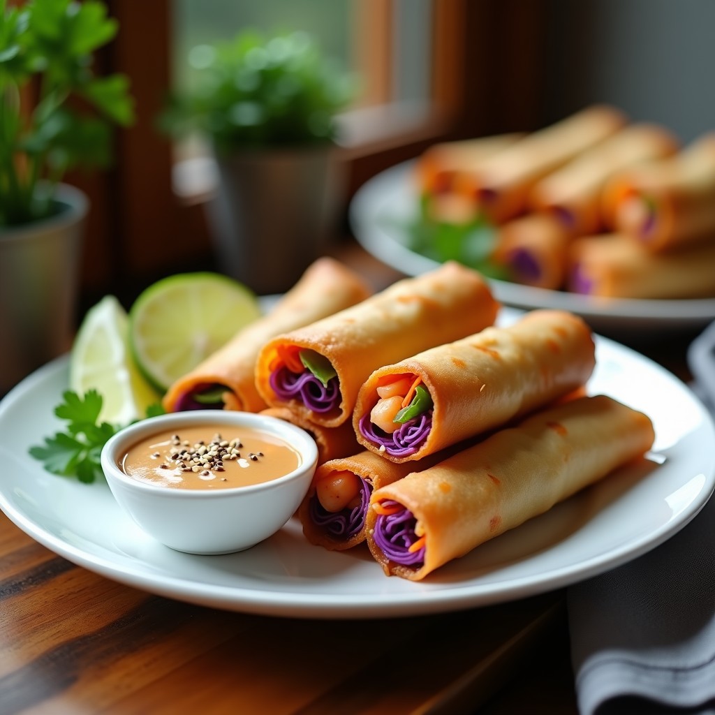 Rollitos de primavera tailandeses dorados y crujientes rellenos de langostinos, col morada y zanahoria, servidos con salsa de cacahuate cremosa y decorados con hierbabuena y gajos de lima sobre un plato blanco rústico.