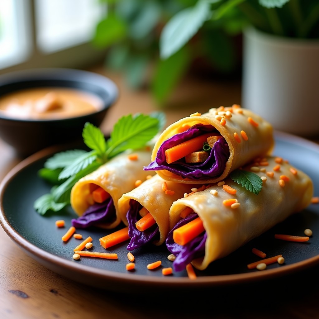 Rollitos de primavera vietnamitas veganos en airfryer, dorados y crujientes, rellenos de col morada, tempeh marinado y zanahoria morada, servidos con salsa de sésamo y semillas tostadas sobre un plato de madera rústico.