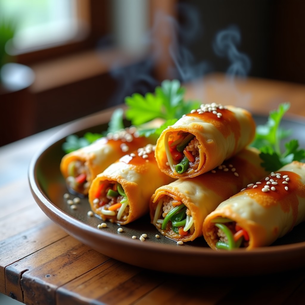 Rollitos de primavera de col blanca rellena con tofu y verduras, dorados en sartén, servidos en plato de cerámica con salsa de tamari oscura y semillas de sésamo. Receta china keto baja en carbohidratos.