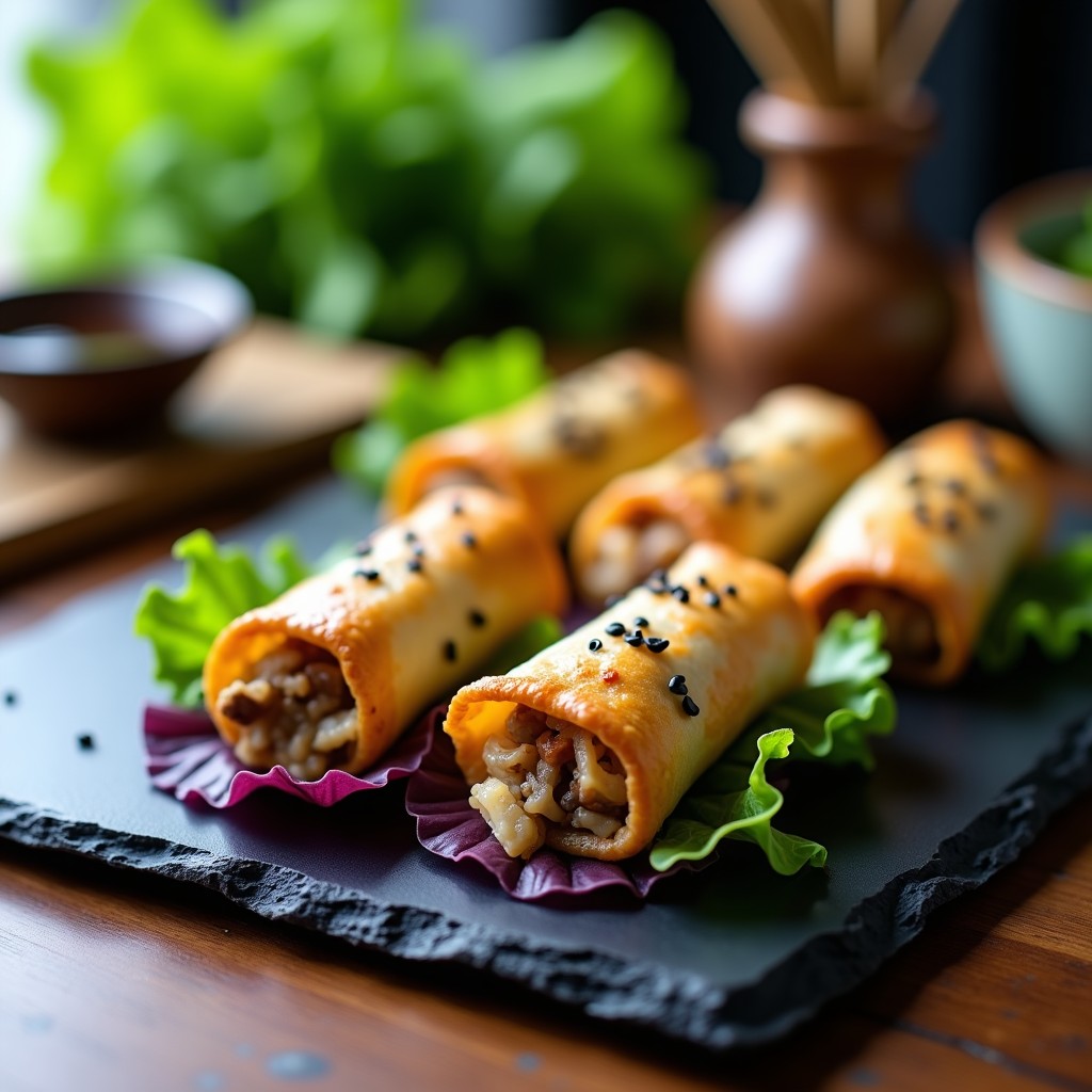 Rollitos de primavera low carb de coliflor y hongos shiitake servidos sobre hojas de lechuga morada, con semillas de sésamo negro y un toque de salsa tamari, aperitivo crujiente y saludable hecho en Thermomix.