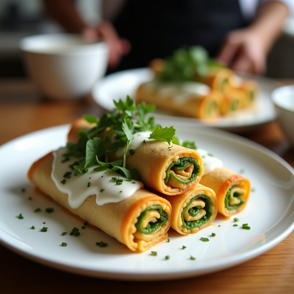 Rollitos de primavera veganos al vapor con hojas de arroz integrales rellenos de coliflor, apio y zanahoria, servidos en plato blanco con salsa cremosa de yogur de soja y eneldo fresco espolvoreado.