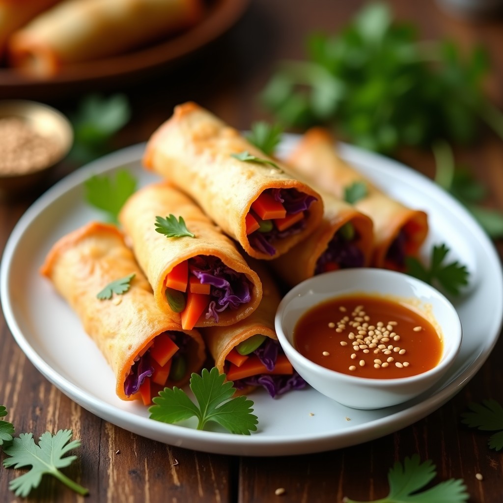 Rollitos de primavera dorados y crujientes con filloas de garbanzo, rellenos de verduras coloridas, servidos en un plato de cerámica blanca con salsa de tamarindo espesa y semillas de sésamo. Receta de aperitivo indio en airfryer.