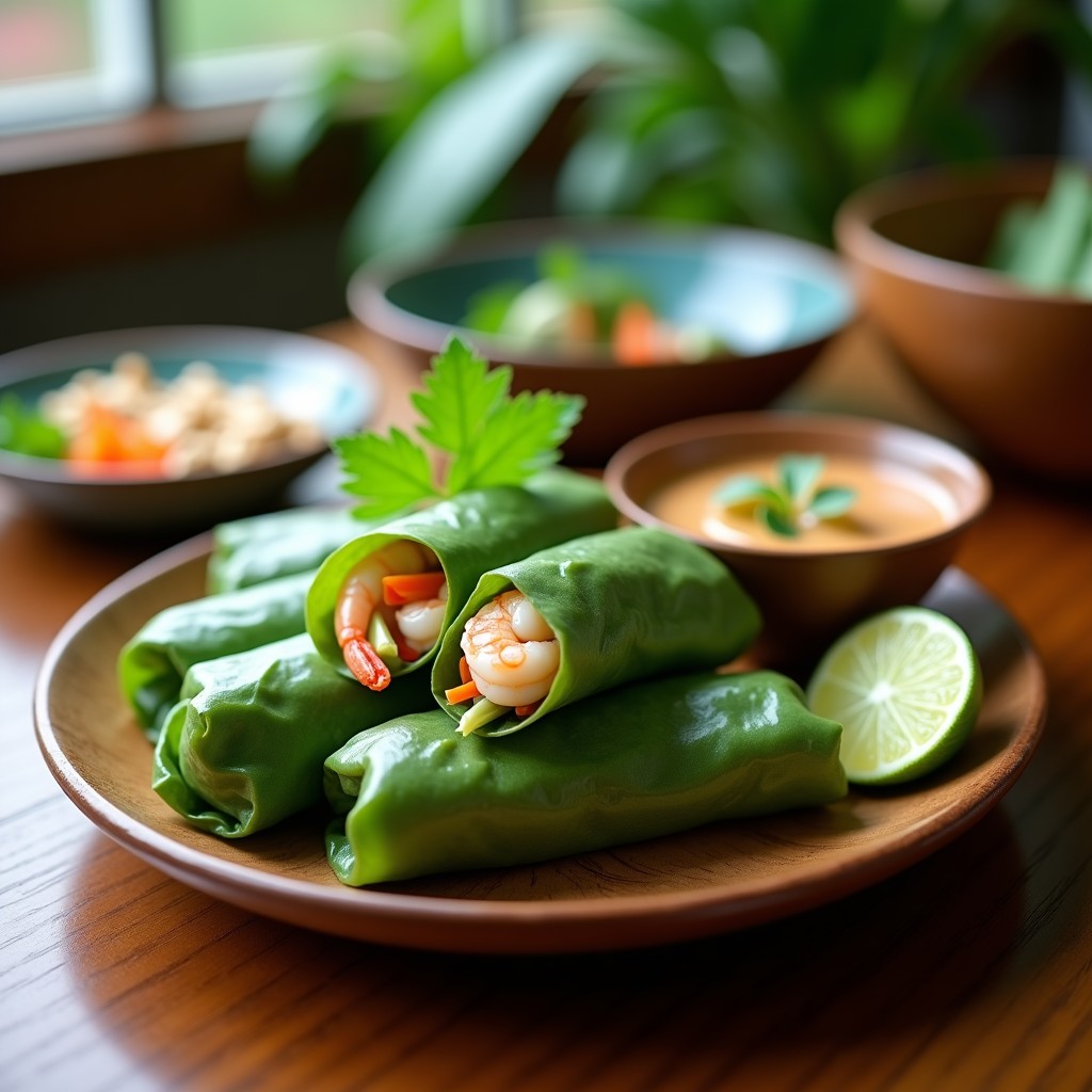 Rollitos de primavera tailandeses al vapor con langostino y hoja de plátano, servidos en un plato de madera con salsa de cacahuete y hierbas frescas.