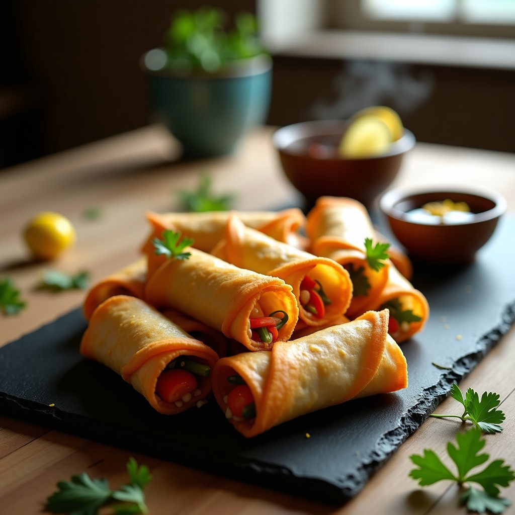 Rollitos de primavera dorados y crujientes rellenos de langostinos y verduras coloridas, servidos en un plato blanco con salsa de soja y limón, decorados con semillas de sésamo.