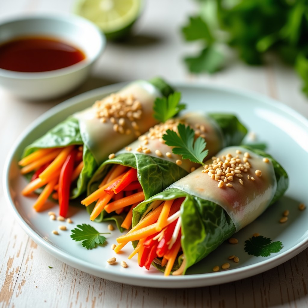 Rollitos de primavera vietnamitas veganos con hojas de mangold, zanahoria rallada y tofu dorado, servidos en plato blanco con salsa hoisin oscura y semillas de sésamo espolvoreadas.