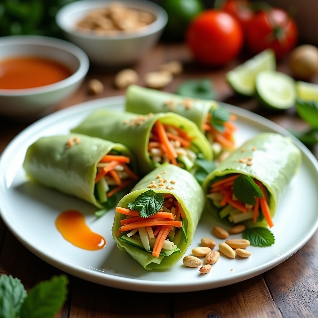 Rollitos de primavera tailandeses veganos cortados por la mitad, rellenos de papaya verde en juliana, zanahoria, pepino, vermicelli y cacahuates, servidos en un plato blanco con salsa de tamarindo al lado y hojas de menta como decoración.