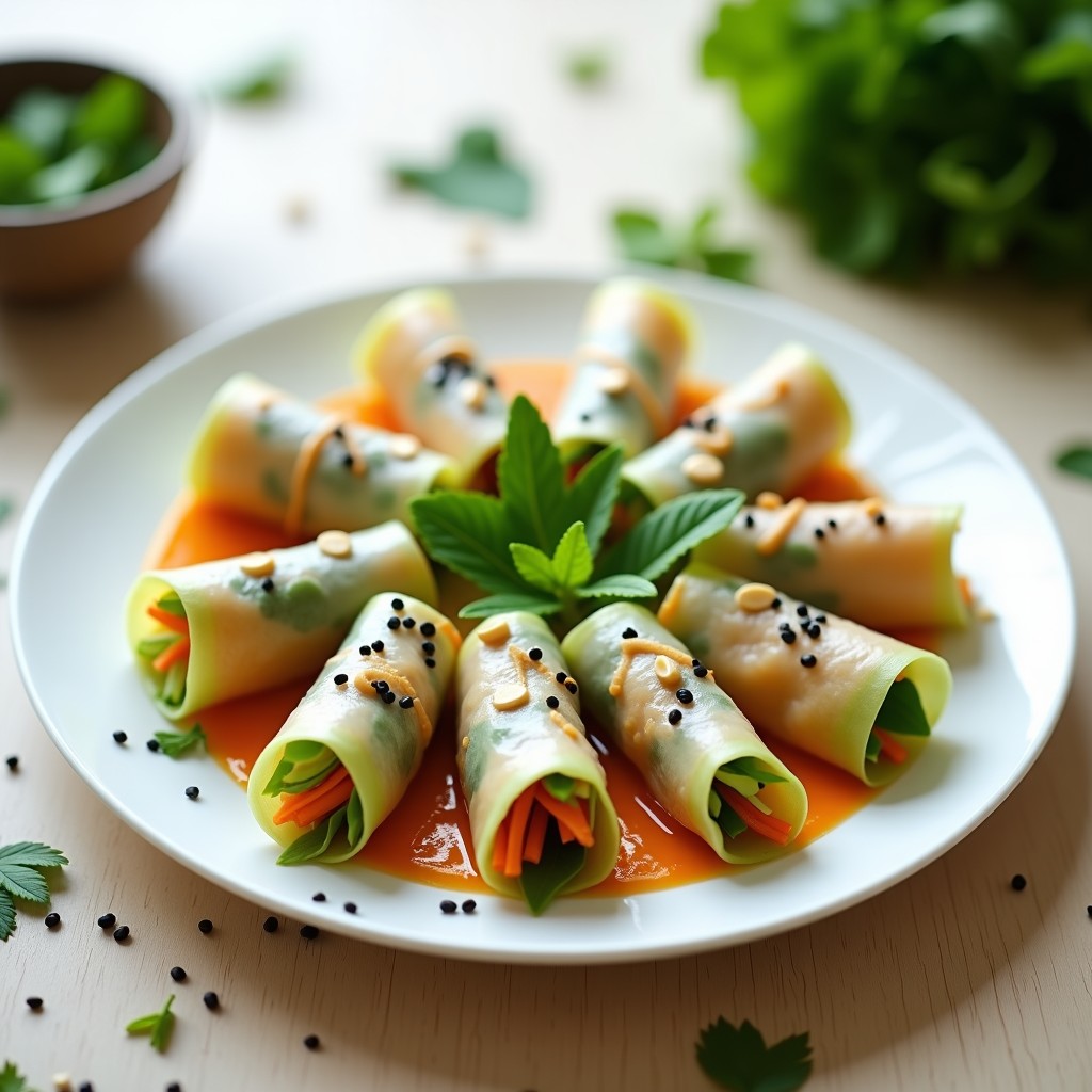 Plato blanco con rollitos de primavera vietnamitas abiertos por la mitad, mostrando relleno de papaya verde en juliana, zanahoria, gamas y fideos de arroz. Acompañados de vinagreta dorada y espolvoreados con sésamo negro y cacahuetes triturados.