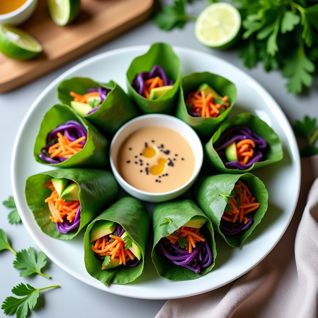 Rollitos de primavera veganos con papel de arroz de espirulina, rellenos de repollo morado, zanahoria rallada, aguacate y hierbas frescas, servidos con salsa de cacahuete y decorados con semillas de sésamo negro sobre un plato blanco.