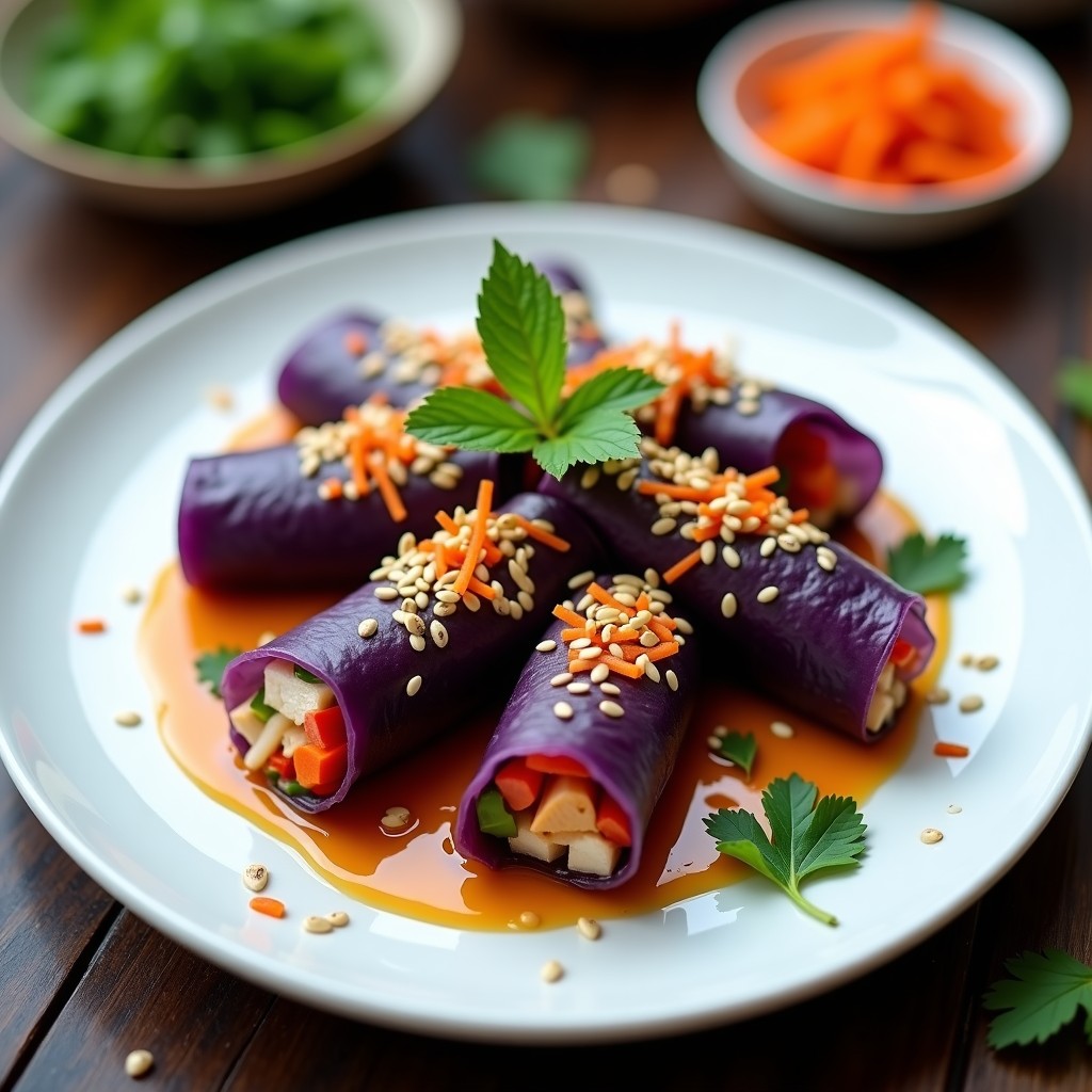 Rollitos de primavera tailandeses con hojas de repollo morado rellenos de pollo ternera, zanahoria, pimiento y brotes de soja, envueltos en papel de arroz. Servidos en un plato de madera con salsa de lima y cacahuetes triturados.