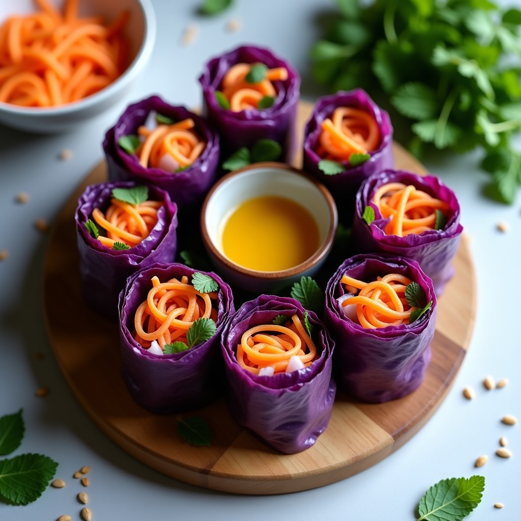 Plato blanco con rollitos de primavera vietnamitas de repollo morado y zanahoria, rellenos de tofu ahumado y cacahuetes, servidos con salsa de soja y decorados con hojas de menta fresca.