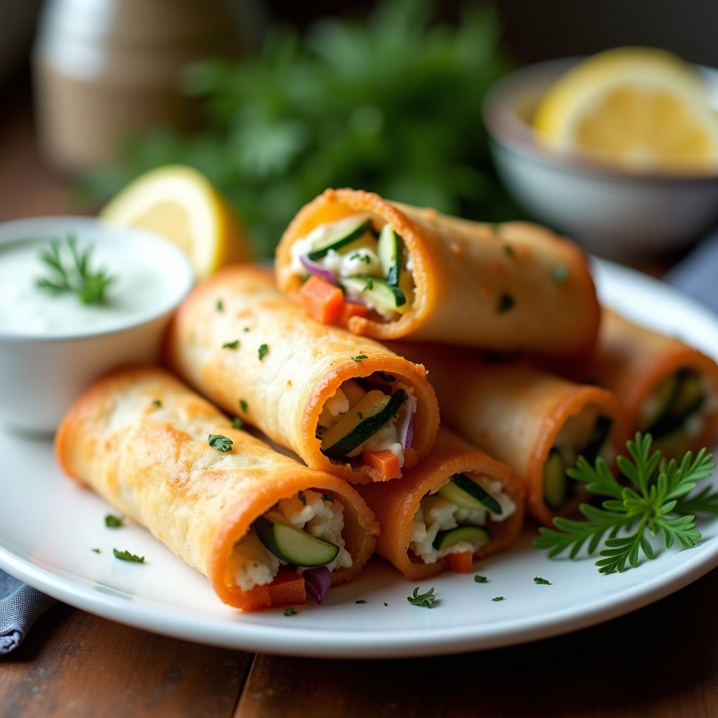 Rollitos de primavera dorados y crujientes en forma cilíndrica, rellenos de requesón y hierbas provenzales, servidos en un plato blanco con salsa de yogur y hierbas frescas al lado. Receta en airfryer con toque francés.