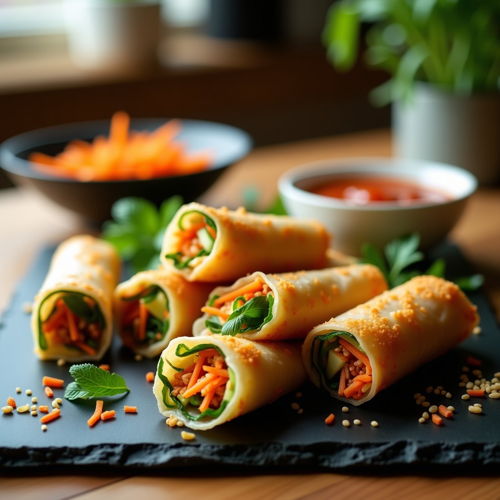 Rollitos de primavera dorados y crujientes con papel de arroz transparente, rellenos de tempeh marinado, zanahoria, pepino y hierbas frescas, servidos con salsa Sriracha y semillas de sésamo. Receta vieta keto en airfryer.