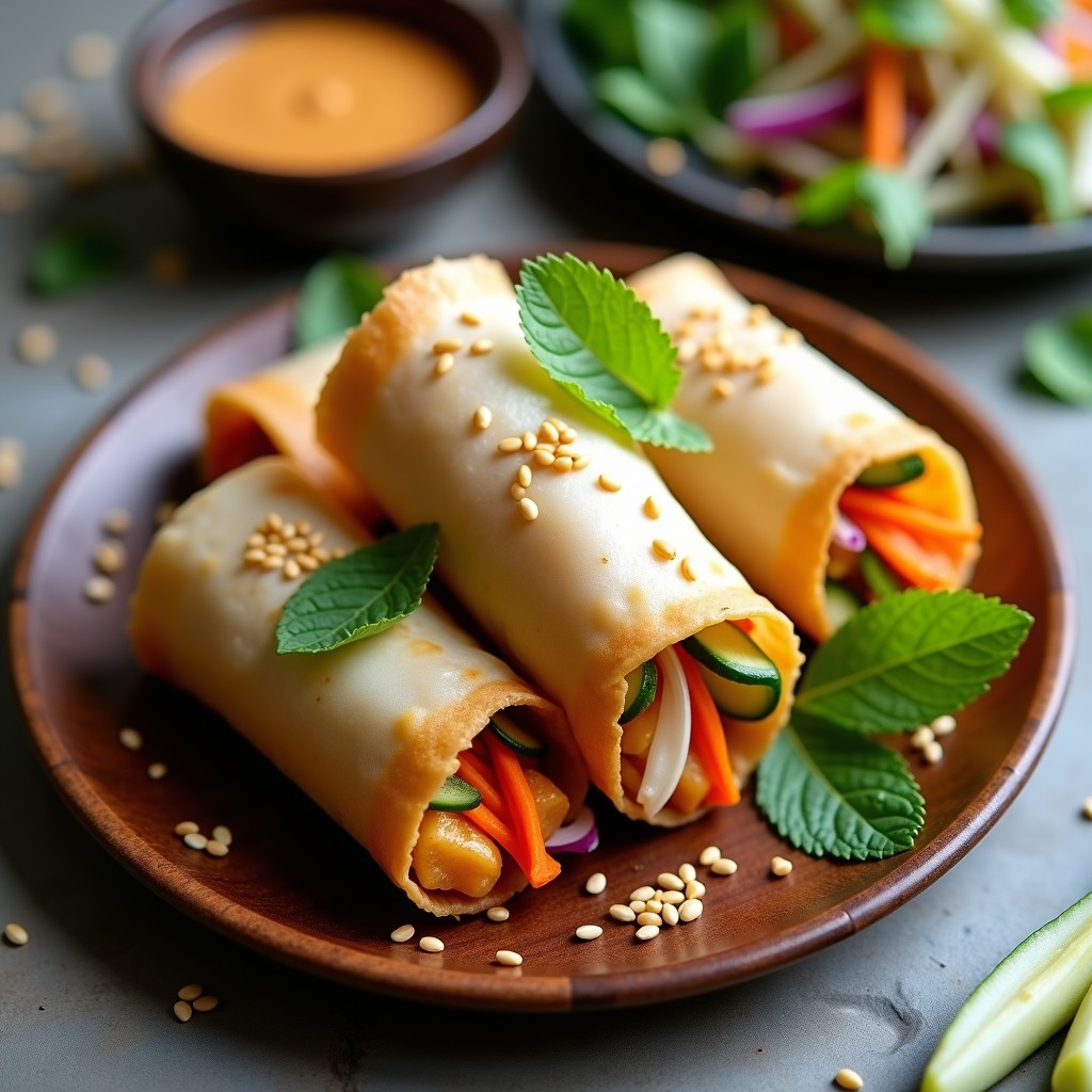 Rollitos de primavera vietnamitas dorados y crujientes en papel de arroz, rellenos de tofu ahumado, zanahoria, pepino y hierbabuena, servidos en un plato de madera con semillas de sésamo y salsa de cacahuete al lado, receta en airfryer.