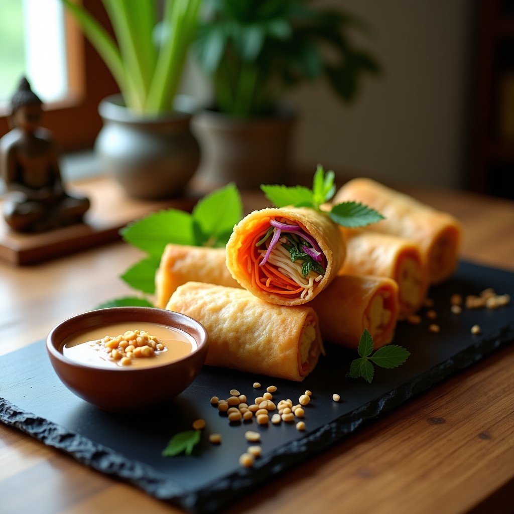 Rollitos de primavera veganizados dorados y crujientes en airfryer, rellenos de tofu marinado, vermicelli de arroz y hierbas frescas, servidos con salsa de cacahuete tailandesa y cacahuetes triturados.
