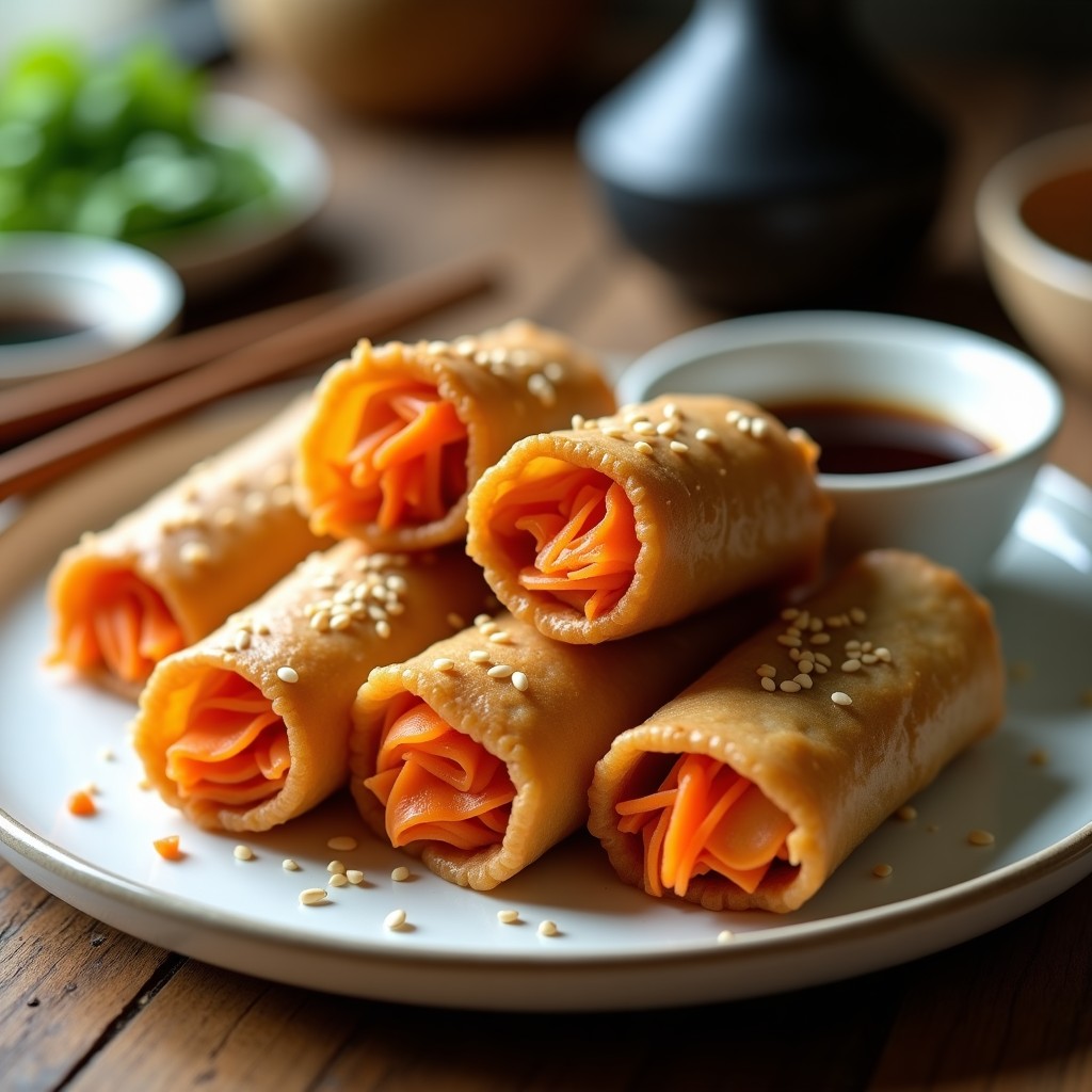 Rollitos de primavera veganos de tofu y zanahoria dorados y crujientes, servidos en un plato de cerámica blanca con semillas de sésamo espolvoreadas y salsa de soja al lado, receta cocina china en airfryer.