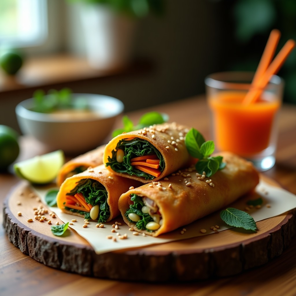 Rollitos de primavera veganos vietnamitas dorados y crujientes, rellenos de col rizada, zanahoria y tofu, servidos con salsa de tamarindo y semillas de sésamo sobre un plato de cerámica blanca.