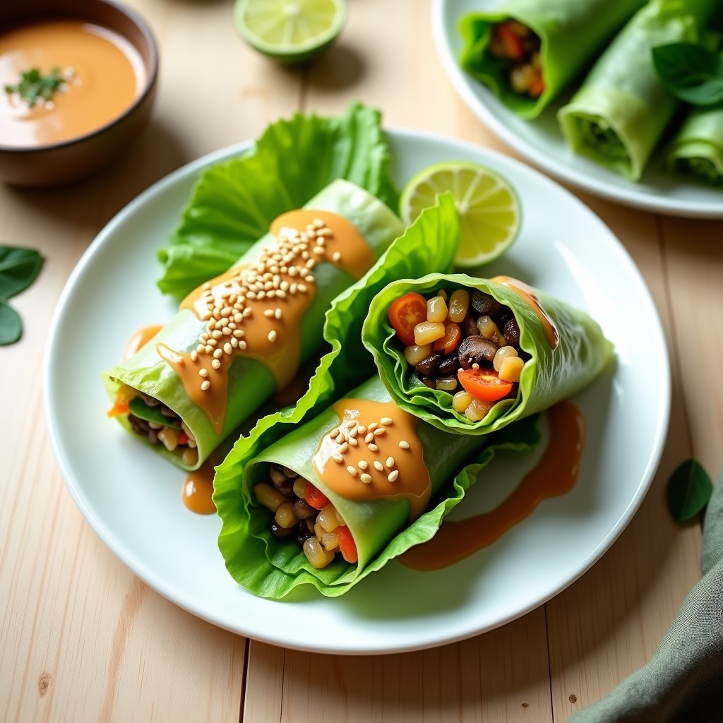 Rollitos de primavera veganos cortados por la mitad, mostrando su relleno de tofu ahumado, lentejas rojas, zanahoria y pimiento rojo, servidos sobre un plato blanco con salsa de cacahuete cremosa y semillas de sésamo espolvoreadas. Receta en olla express sin freír.