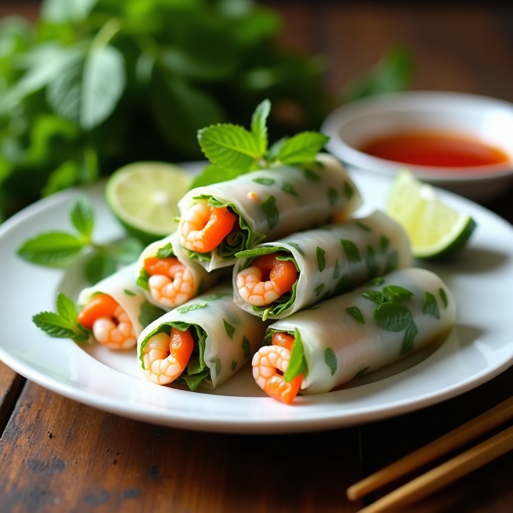 Rollitos de primavera vietnamitas con langostinos rosados y hierbas frescas, envueltos en papel de arroz translúcido, acompañados de salsa de limón y pescado, servidos en plato blanco con fondo de madera.
