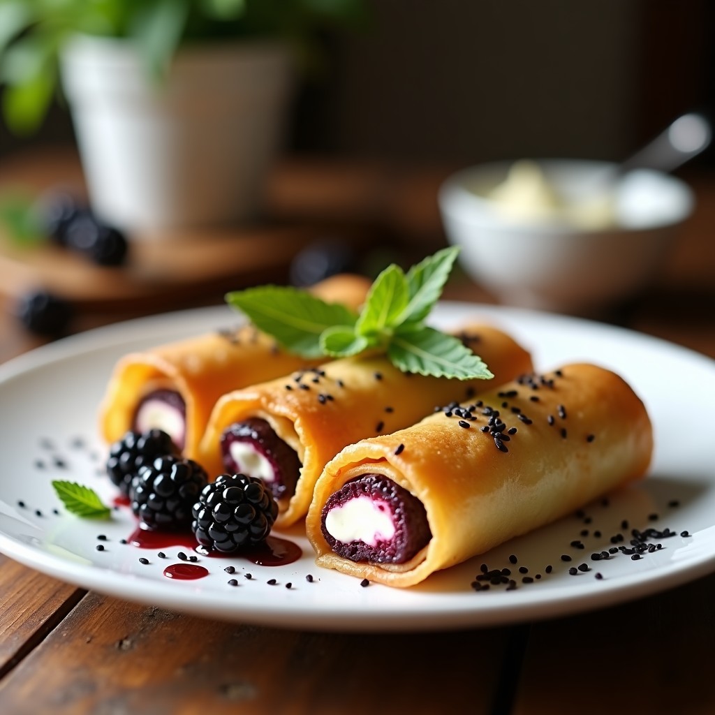 Rollitos de primavera dorados y crujientes rellenos de zarzamoras y queso crema vegano, servidos en plato blanco con semillas de sésamo negro y hojas de menta, receta de postre vegano frito.