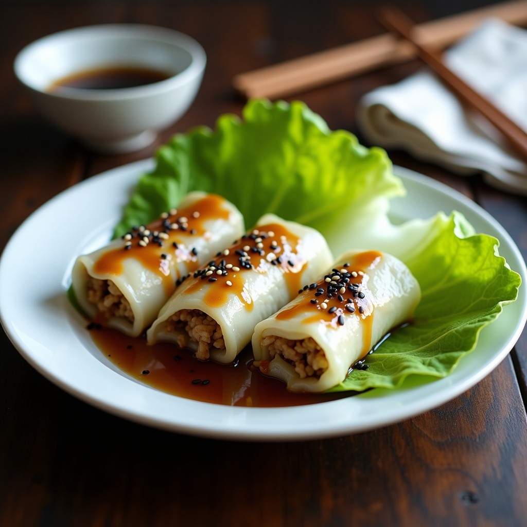 Plato blanco con rollitos de repollo rellenos de arroz salteado y champiñones, decorados con semillas de sésamo negro, servidos sobre una hoja de lechuga y acompañados de salsa de tamari. Receta china sin gluten.