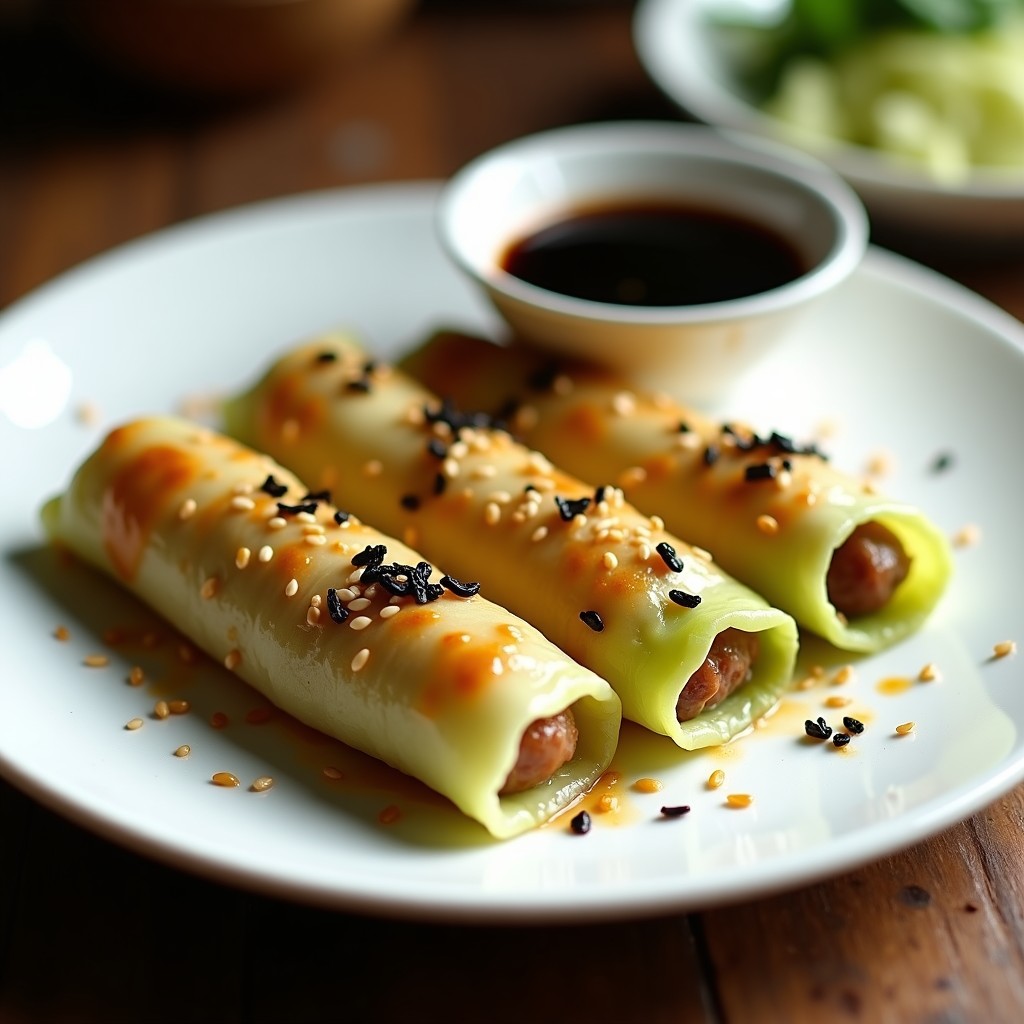 Rollitos de repollo verde rellenos de arroz salvaje y pasas, dorados y crujientes, servidos en un plato de cerámica blanca con semillas de sésamo espolvoreadas y algas nori. Receta japonesa en airfryer.