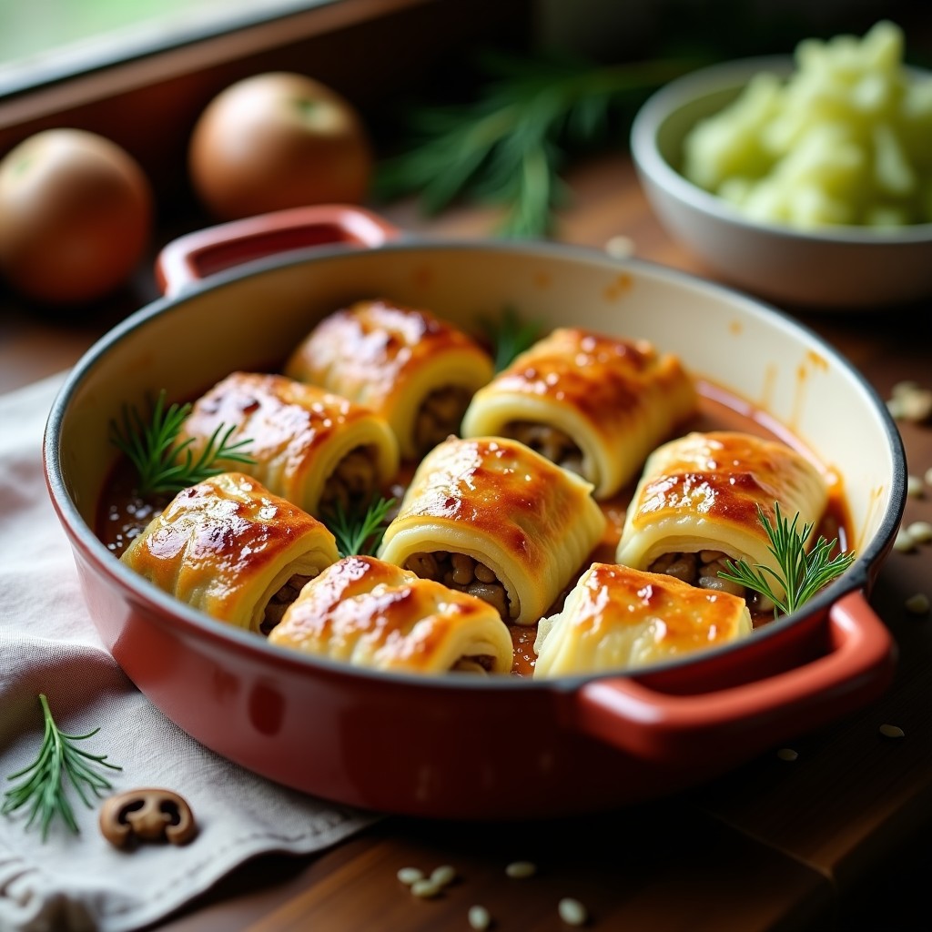 Rollitos de repollo dorados y crujientes rellenos de arroz salvaje y setas, servidos en bandeja de horno rústica con eneldo fresco espolvoreado, receta eslava tradicional.