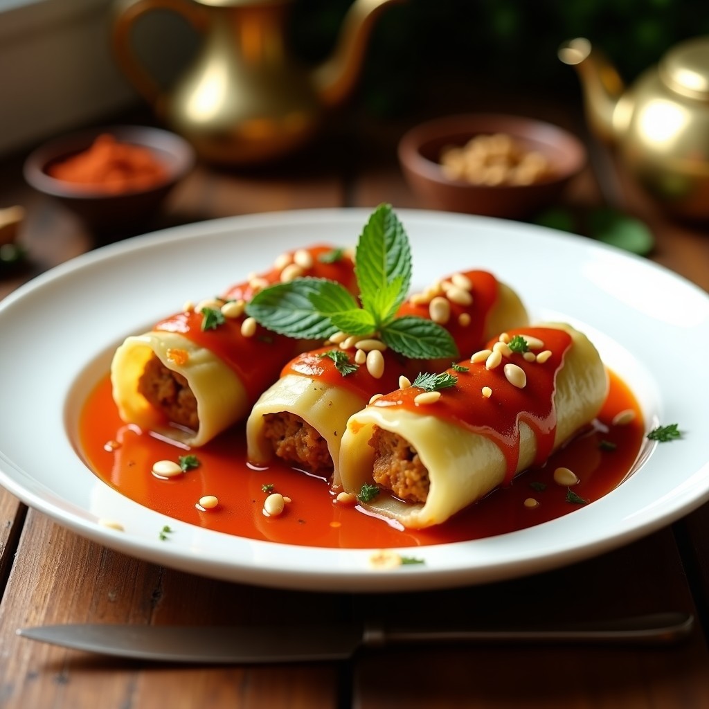 Plato de cerámica blanca con rollitos de repollo rellenos de cordero bañados en salsa espesa de tomate y especias Ras el Hanout, decorados con hierbabuena fresca y piñones tostados, sobre fondo rústico de madera con utensilios de cocina árabes.
