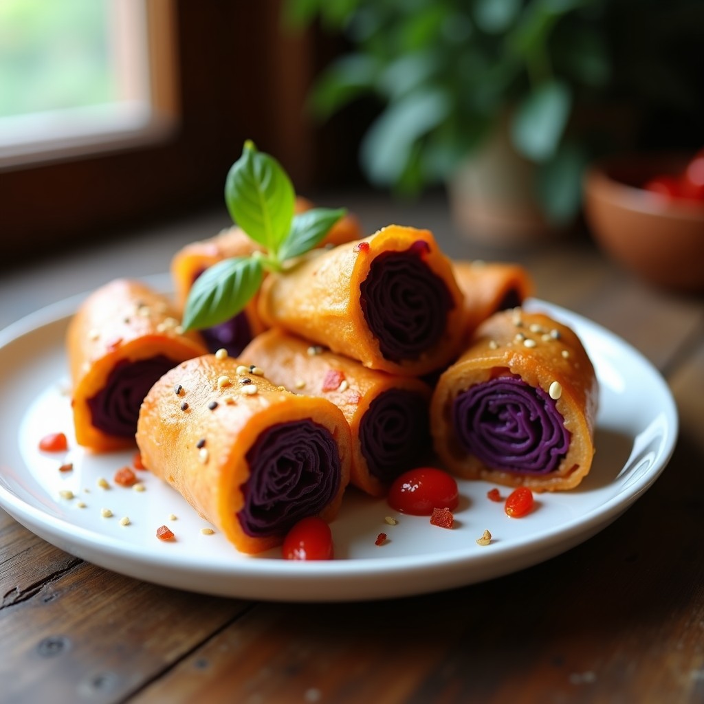 Rollitos de repollo morado rellenos de cebolla morada y pimiento rojo, cubiertos con una filloa de garbanzo dorada y crujiente, espolvoreados con semillas de sésamo. Plato vegano y crunchy al horno, servido en bandeja blanca con fondo rústico.