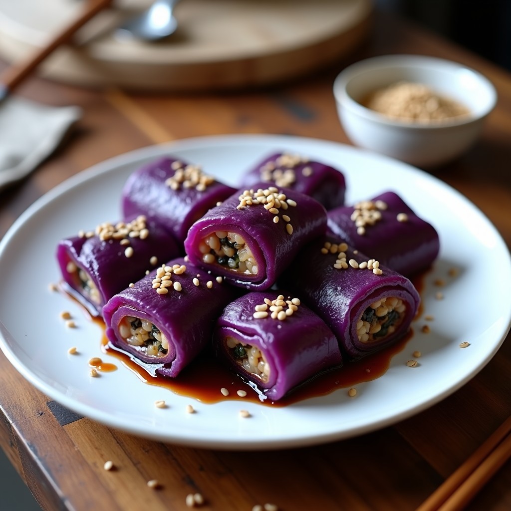 Rollitos de repollo morado rellenos de arroz salvaje y hongos, servidos en un plato blanco con semillas de sésamo negro y salsa de soja, receta vegana en Thermomix.