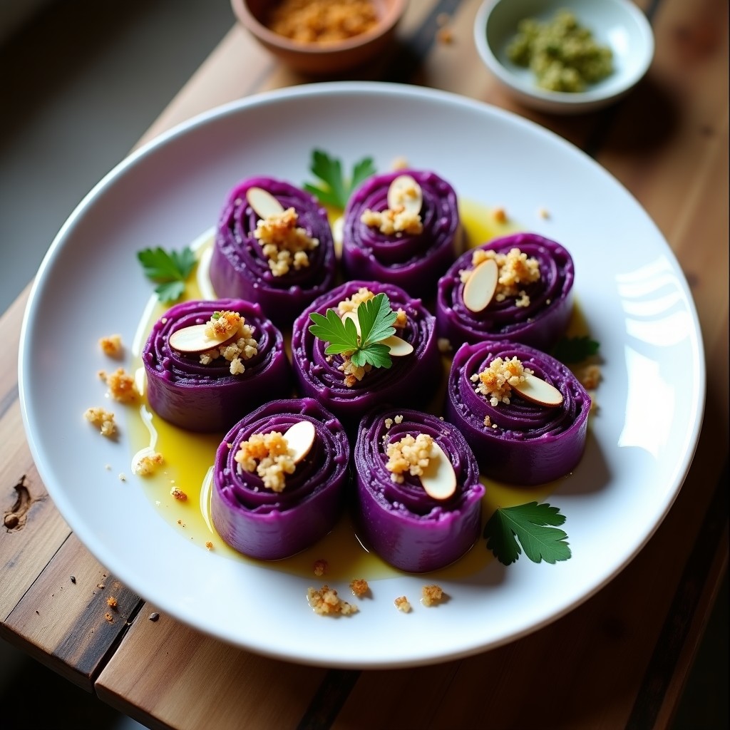 Plato blanco con rollitos de repollo morado rellenos de arroz salvaje y pasas, decorados con piñones tostados y una rodaja de limón, sobre fondo de madera rústica. Entrante árabe vegano colorido y apetitoso.