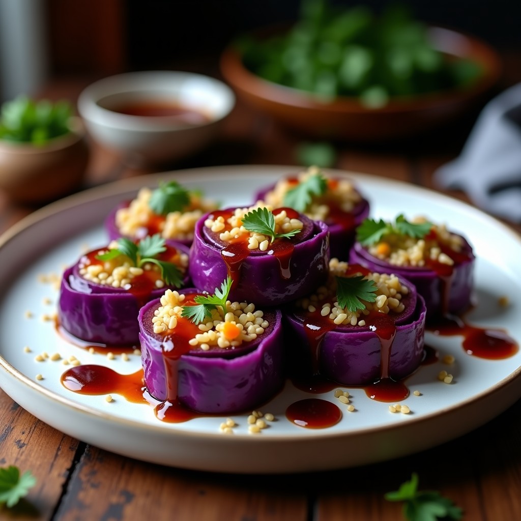 Rollitos de repollo morado rellenos de arroz salvaje y verduras salteadas, dorados en wok, servidos en plato blanco con salsa de tamari espesa, semillas de sésamo y cilantro fresco. Receta china saludable y colorida.