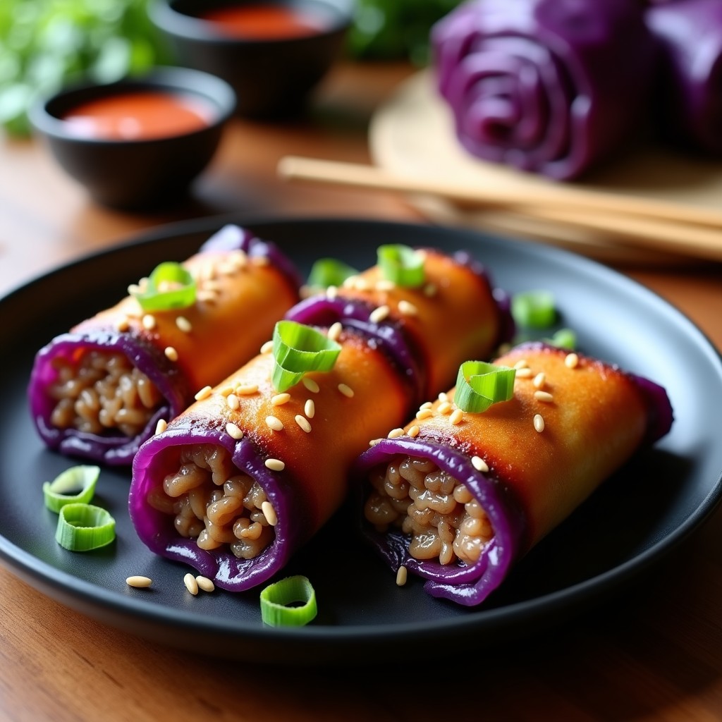 Rollitos de repollo morado rellenos de carne de res y arroz salvaje, dorados y crujientes, servidos en un plato de cerámica blanca con semillas de sésamo y cebollino, receta coreana en airfryer.