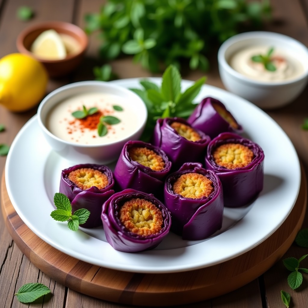 Plato de cerámica blanca con rollitos de repollo morado rellenos de falafel dorado, servidos con salsa cremosa de yogur de soja y decorados con menta fresca. Receta en airfryer, vegana y alta en proteína.