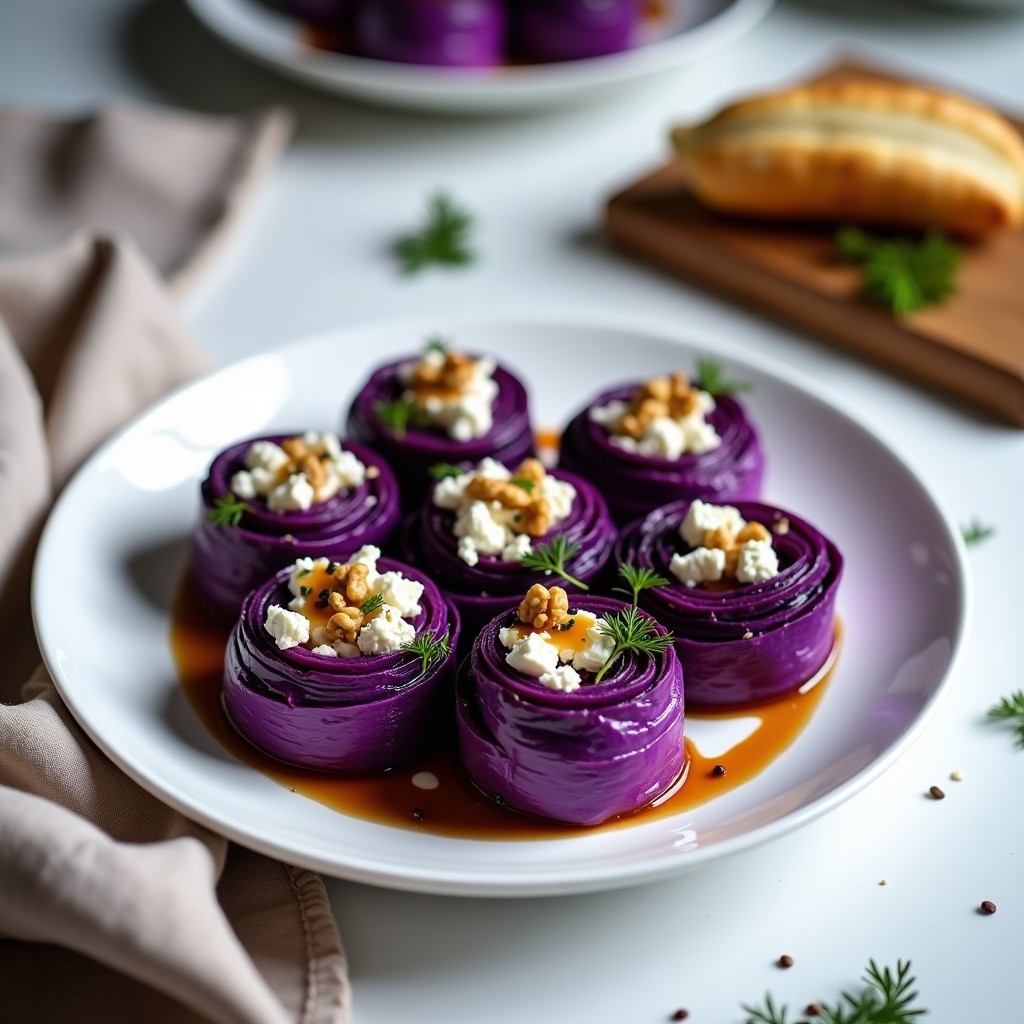 Rollitos de repollo morado con relleno de queso feta y nueces, dispuestos en una fuente blanca con salsa de miel y vinagre balsámico, espolvoreados con semillas de sésamo y eneldo fresco. Entrante griego elegante y colorido.