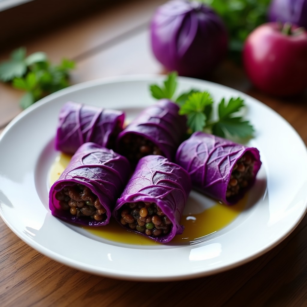 Plato blanco con rollitos de repollo morado rellenos de picadillo de champiñones y lentejas, servidos con perejil fresco y un chorrito de aceite de oliva. Receta ukraine vegana y baja en carbohidratos.