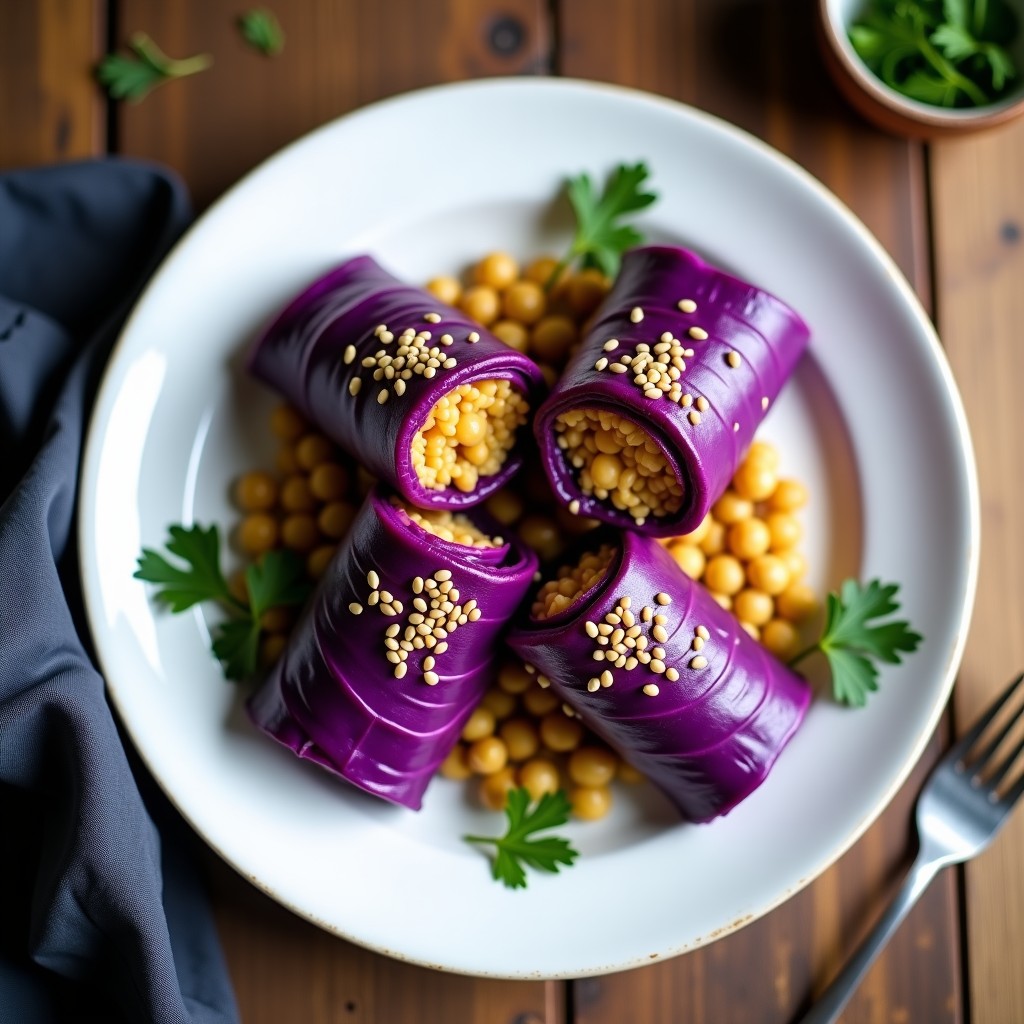 Plato blanco con rollitos de repollo morado rellenos de picadillo de garbanzos, decorados con semillas de sésamo y cilantro fresco. Receta vegana en olla express.